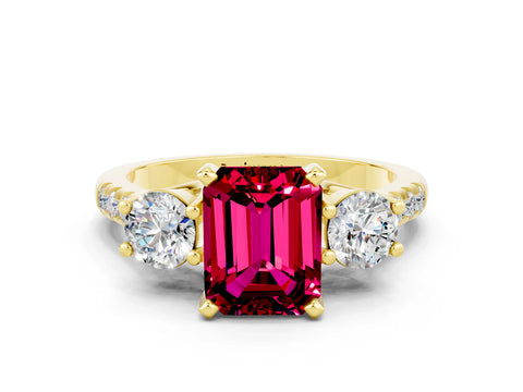 Yellow gold Three-Stone Emerald Cut Garnet Pavé Band with Four-Prong Setting