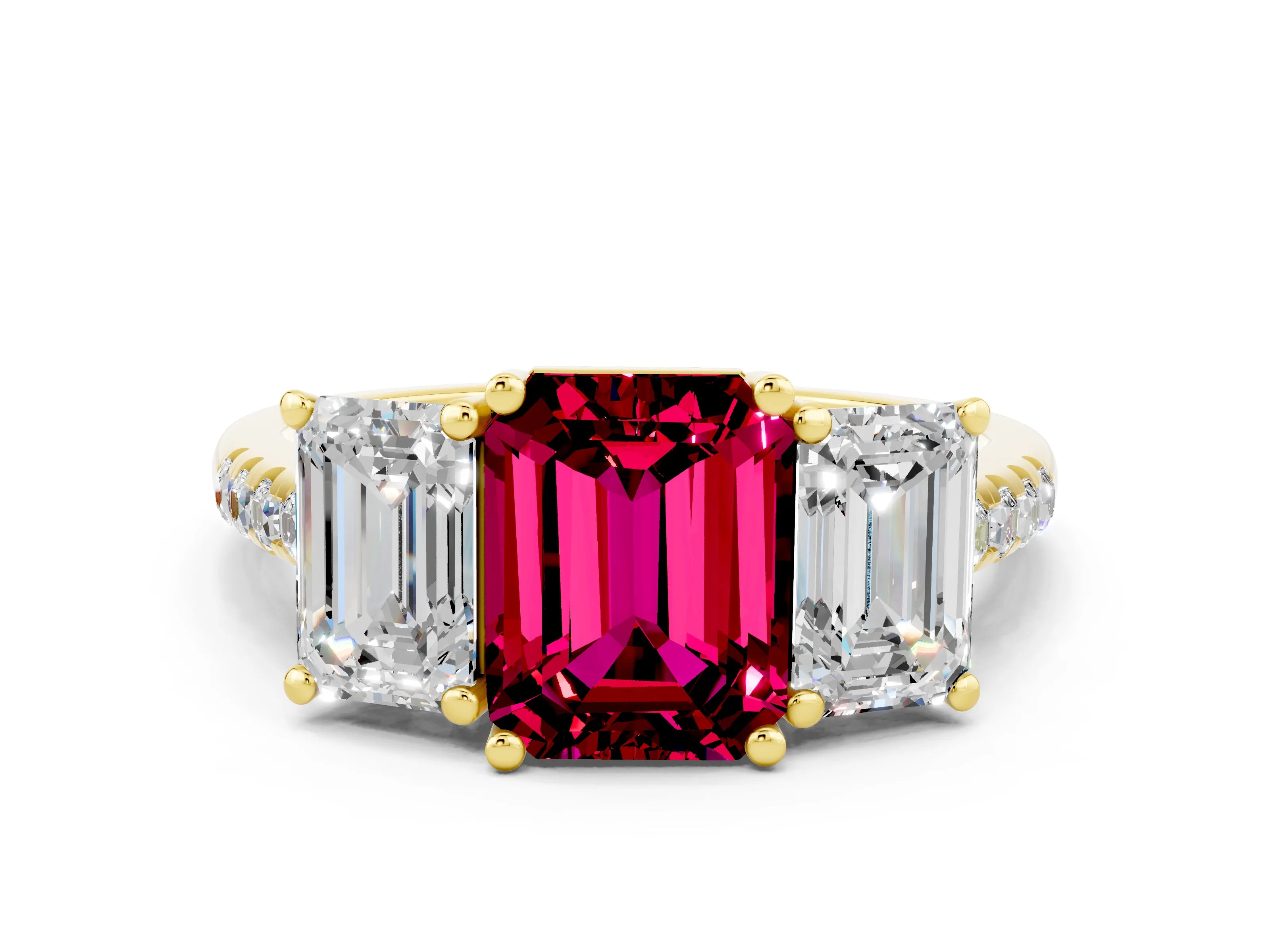 Yellow gold Three-Stone Emerald Cut Garnet Ring with Pavé Band and Prong Setting_12