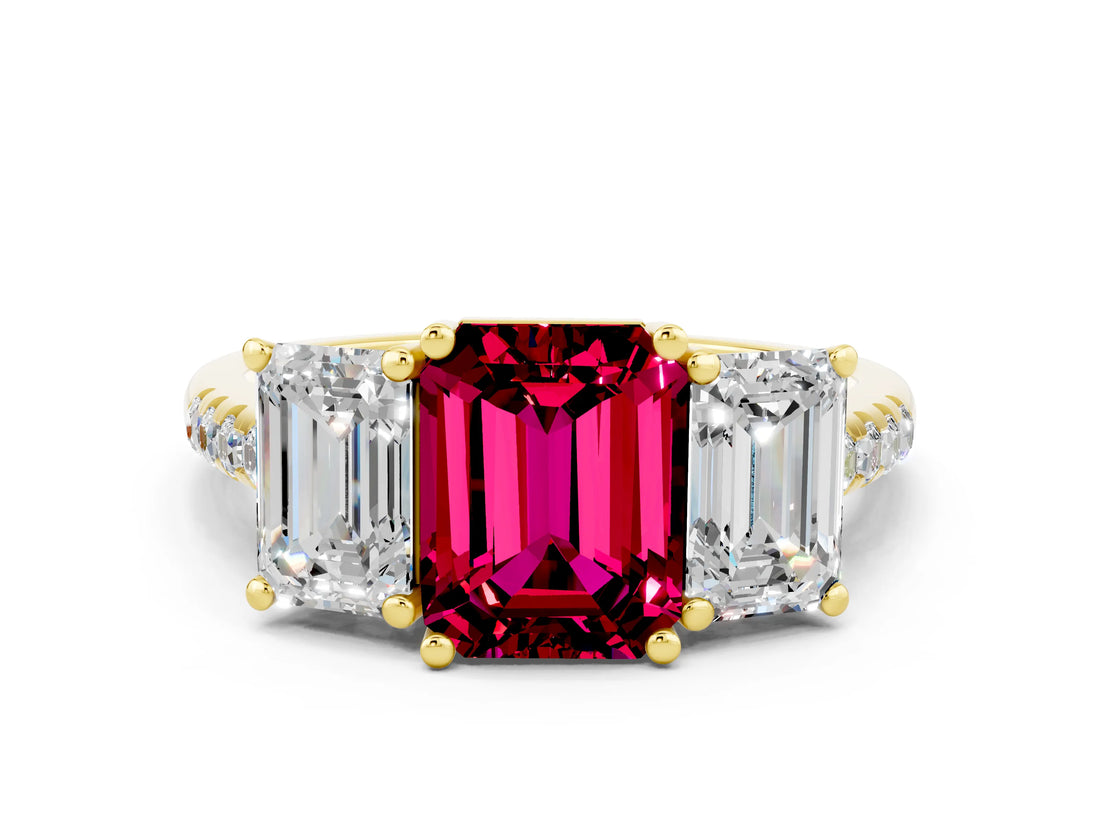Yellow gold Three-Stone Emerald Cut Garnet Ring with Pavé Band and Prong Setting_12