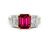Yellow gold Three-Stone Emerald Cut Garnet Ring with Pavé Band and Prong Setting_12