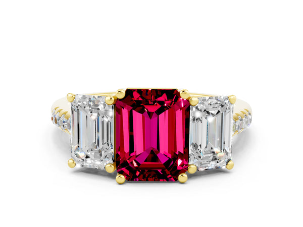 Yellow gold Three-Stone Emerald Cut Garnet Ring with Round  Pavé Band and Prong Setting