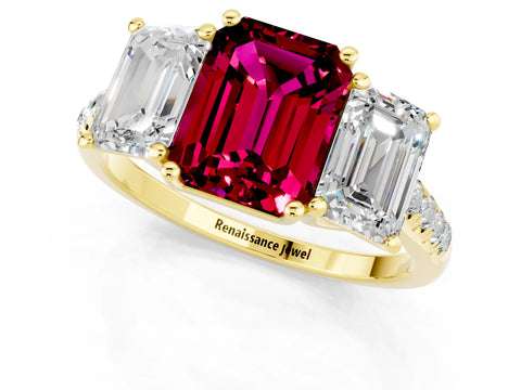 Yellow gold Three-Stone Emerald Cut Garnet Ring with Pavé Band and Prong Setting_13