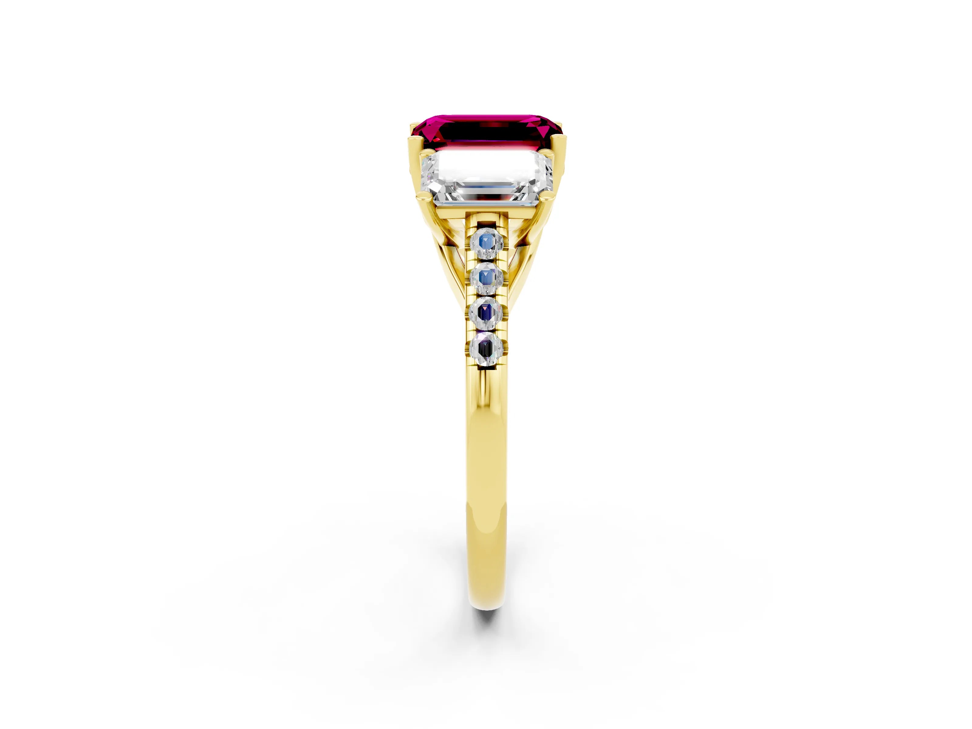 Yellow gold Three-Stone Emerald Cut Garnet Ring with Pavé Band and Prong Setting_14