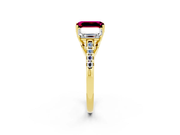 Yellow gold Three-Stone Emerald Cut Garnet Ring with Round  Pavé Band and Prong Setting