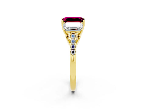 Yellow gold Three-Stone Emerald Cut Garnet Ring with Pavé Band and Prong Setting_14