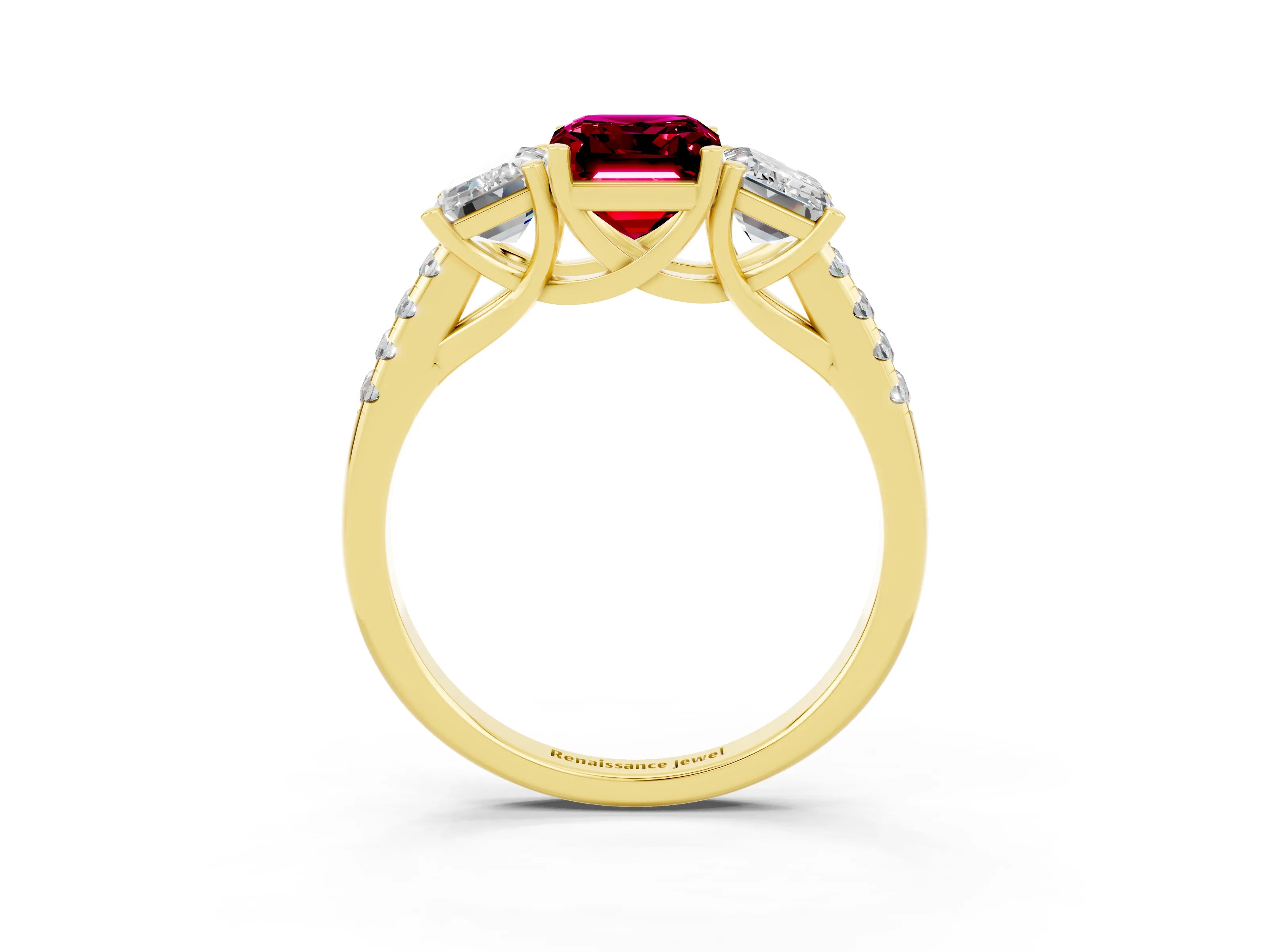 Yellow gold Three-Stone Emerald Cut Garnet Ring with Pavé Band and Prong Setting_15