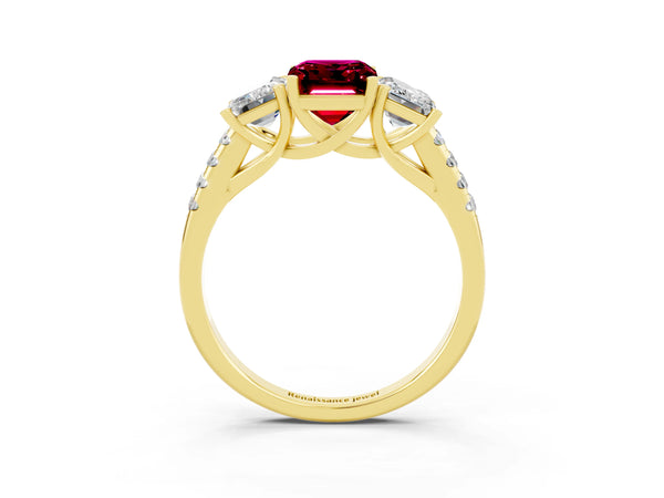 Yellow gold Three-Stone Emerald Cut Garnet Ring with Round  Pavé Band and Prong Setting