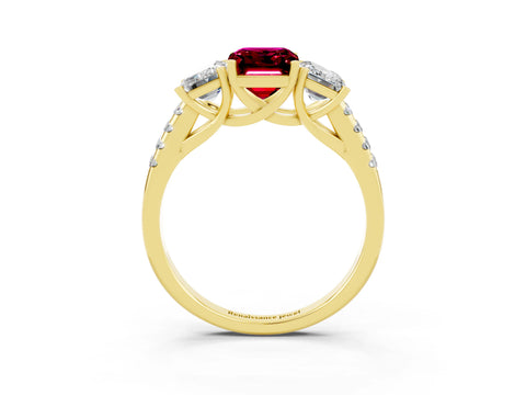 Yellow gold Three-Stone Emerald Cut Garnet Ring with Pavé Band and Prong Setting_15