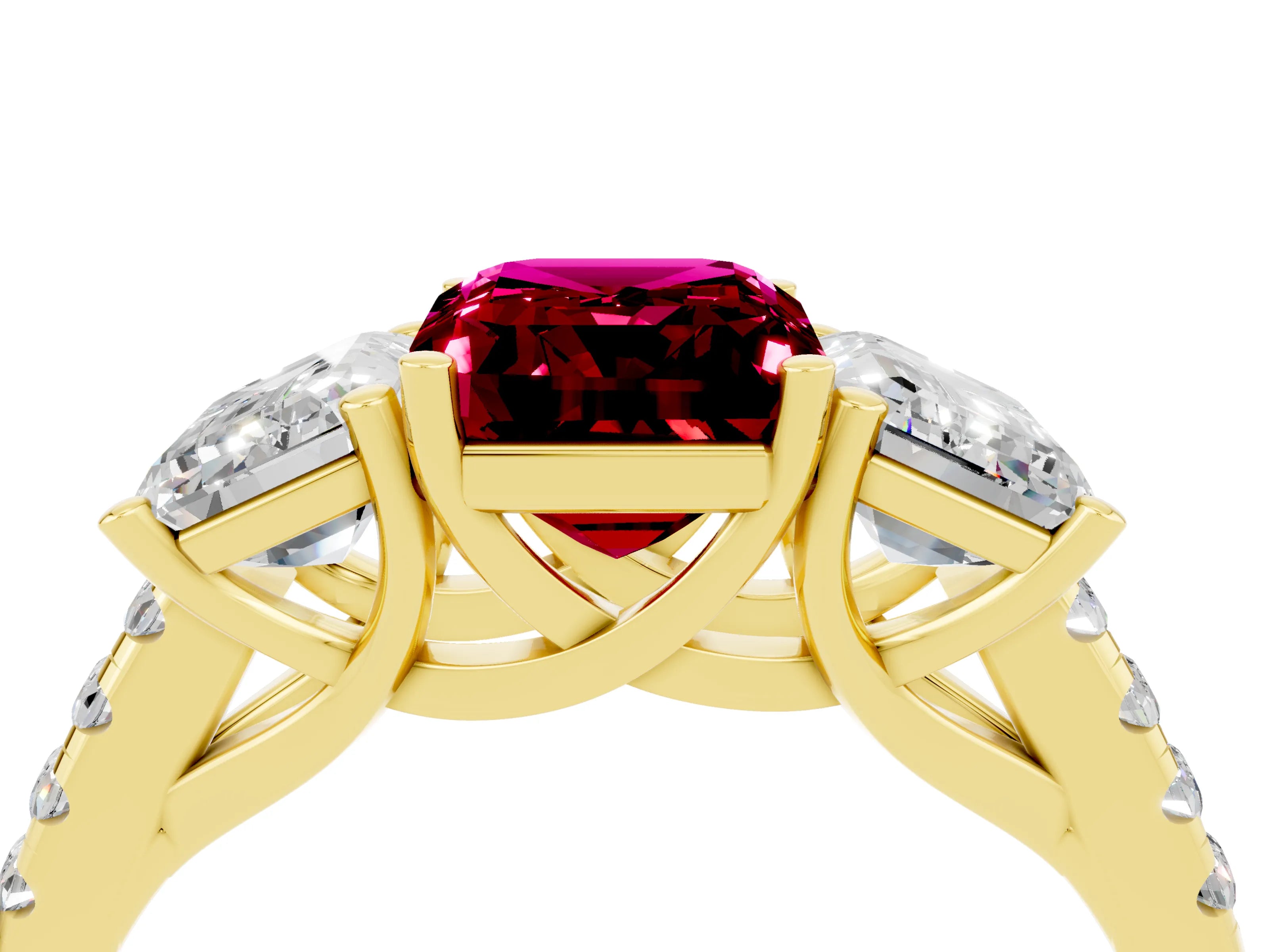 Yellow gold Three-Stone Emerald Cut Garnet Ring with Pavé Band and Prong Setting_16