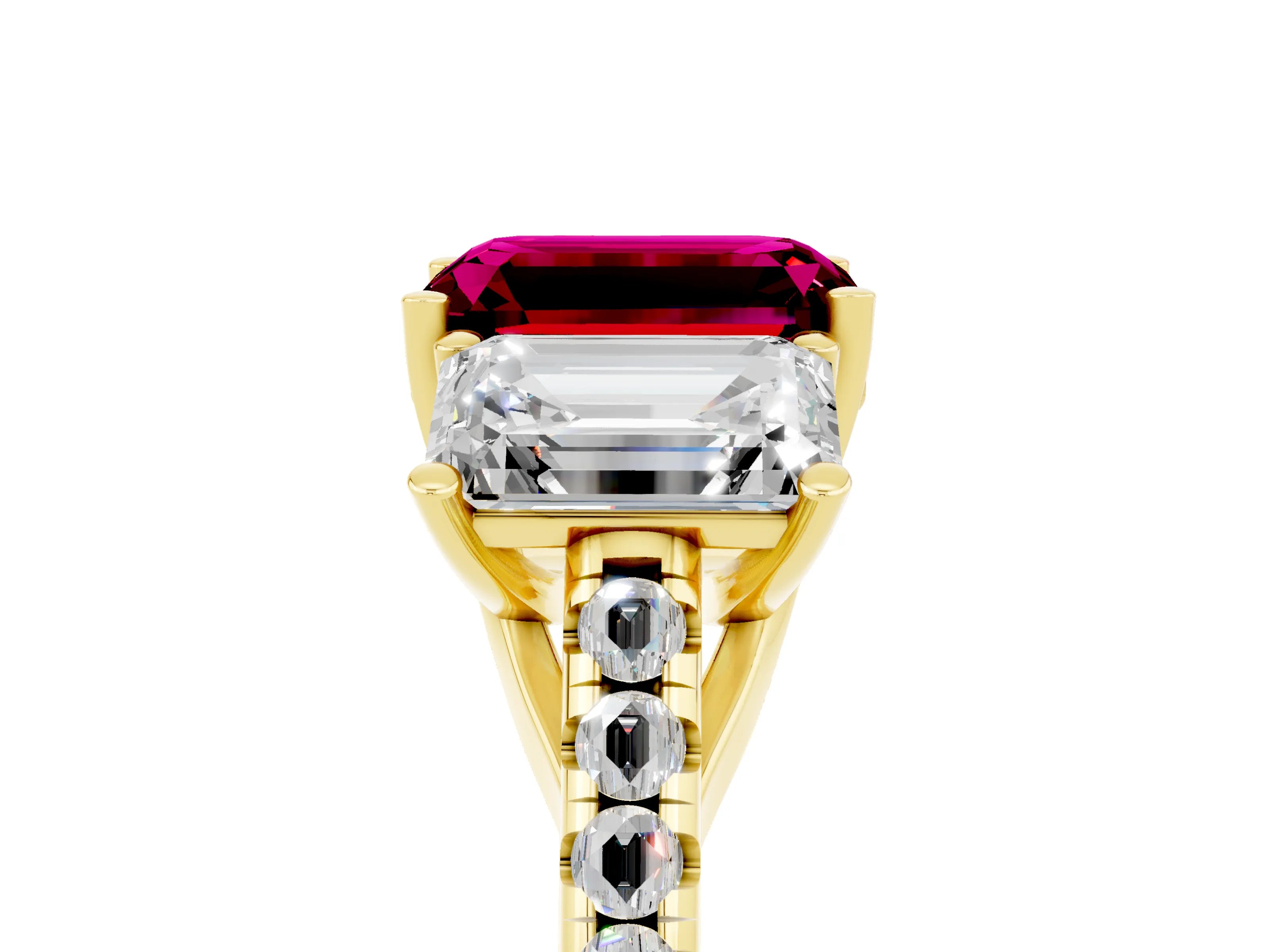 Yellow gold Three-Stone Emerald Cut Garnet Ring with Pavé Band and Prong Setting_17