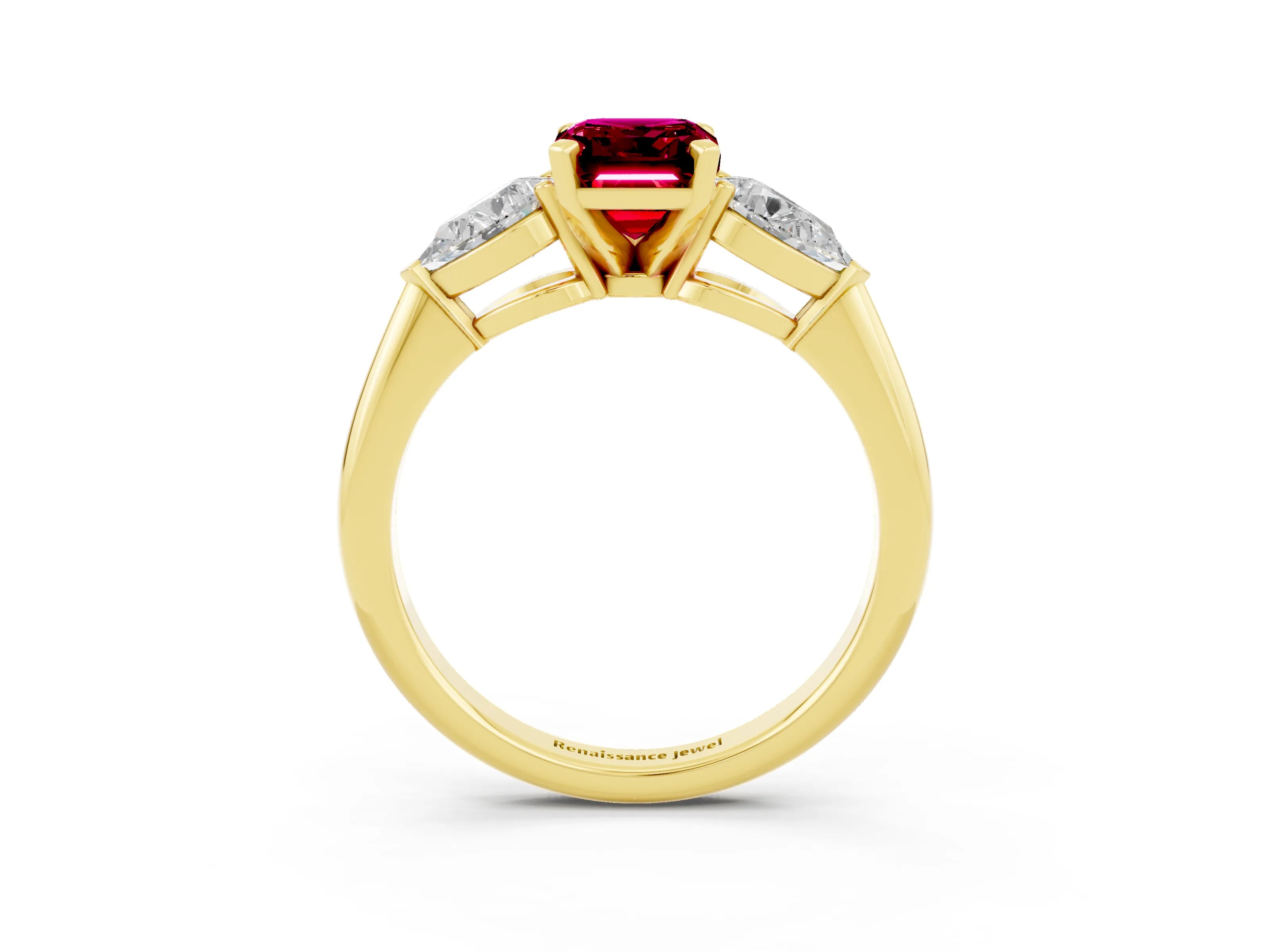 Yellow gold Three-Stone Emerald Cut Garnet Ring with Pear Side Stones and Four-Prong Setting_3