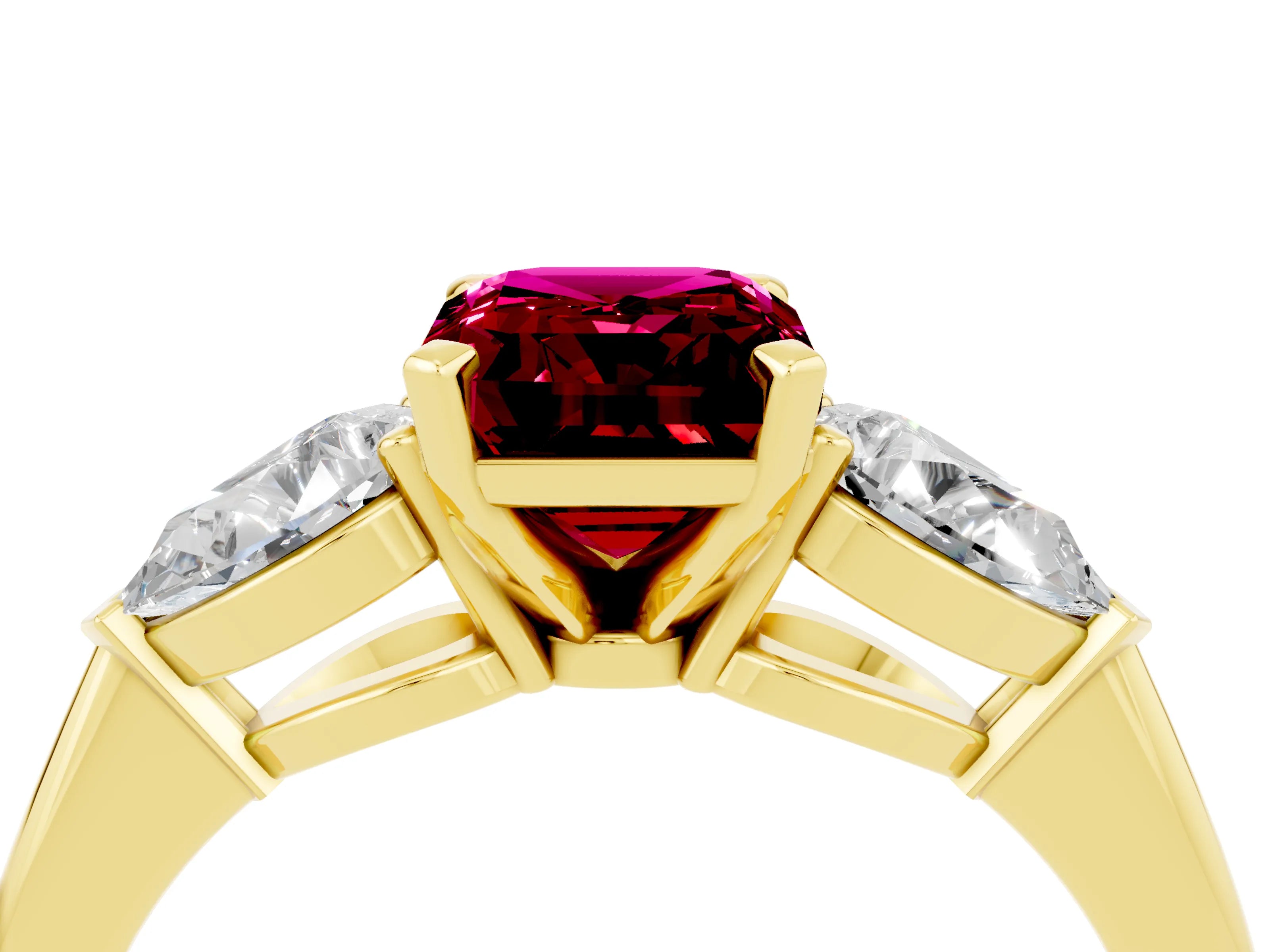 Yellow gold Three-Stone Emerald Cut Garnet Ring with Pear Side Stones and Four-Prong Setting_4