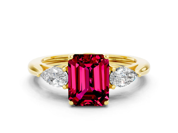 Yellow gold Three-Stone Emerald Cut Garnet Ring with Pear  Side Stones in Four-Prong Setting