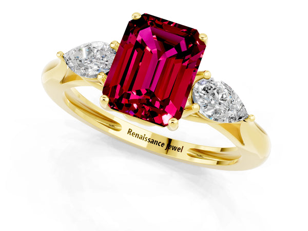 Yellow gold Three-Stone Emerald Cut Garnet Ring with Pear  Side Stones in Four-Prong Setting