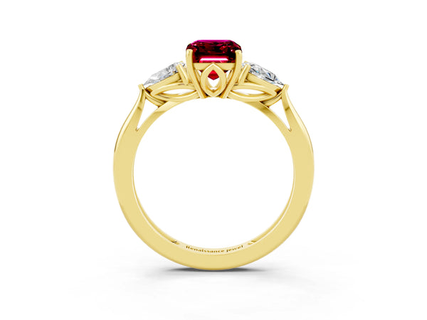 Yellow gold Three-Stone Emerald Cut Garnet Ring with Pear  Side Stones in Four-Prong Setting