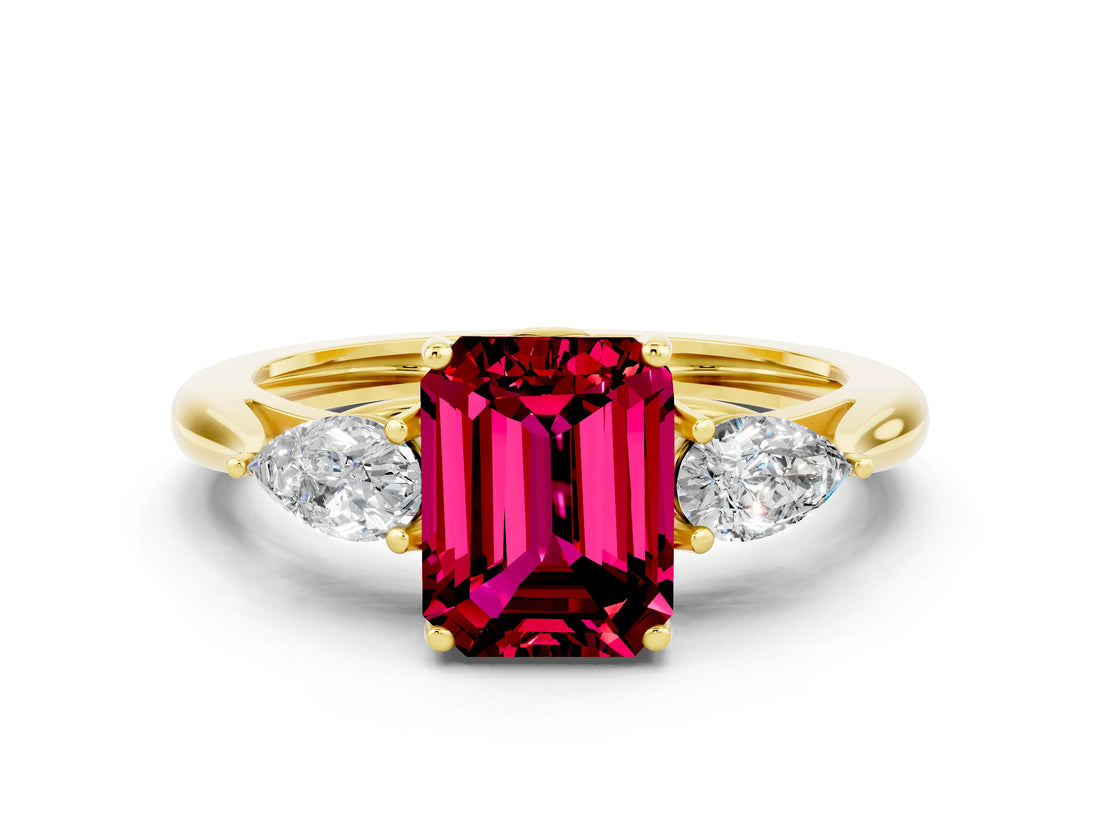 Yellow gold Three-Stone Emerald Cut Garnet Ring with Pear  Side Stones in Four-Prong Setting_36