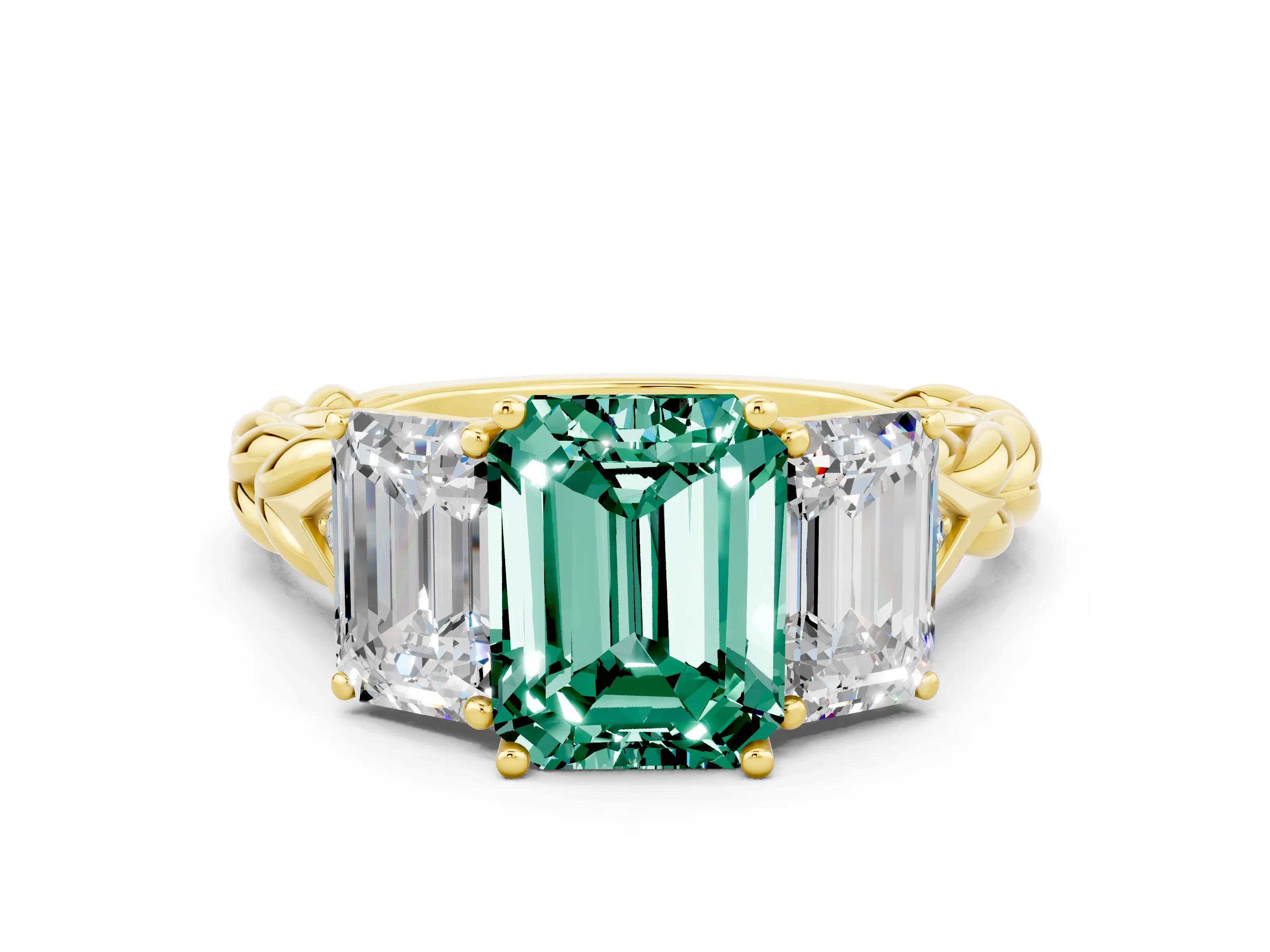 Yellow gold Three-Stone Emerald Cut Green Sapphire Braided Band Ring with Four-Prong Setting_24