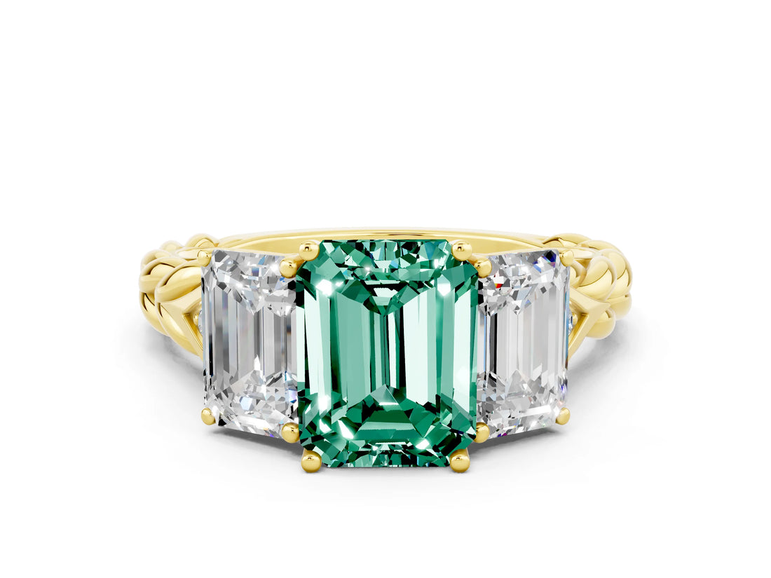 Yellow gold Three-Stone Emerald Cut Green Sapphire Braided Band Ring with Four-Prong Setting_24