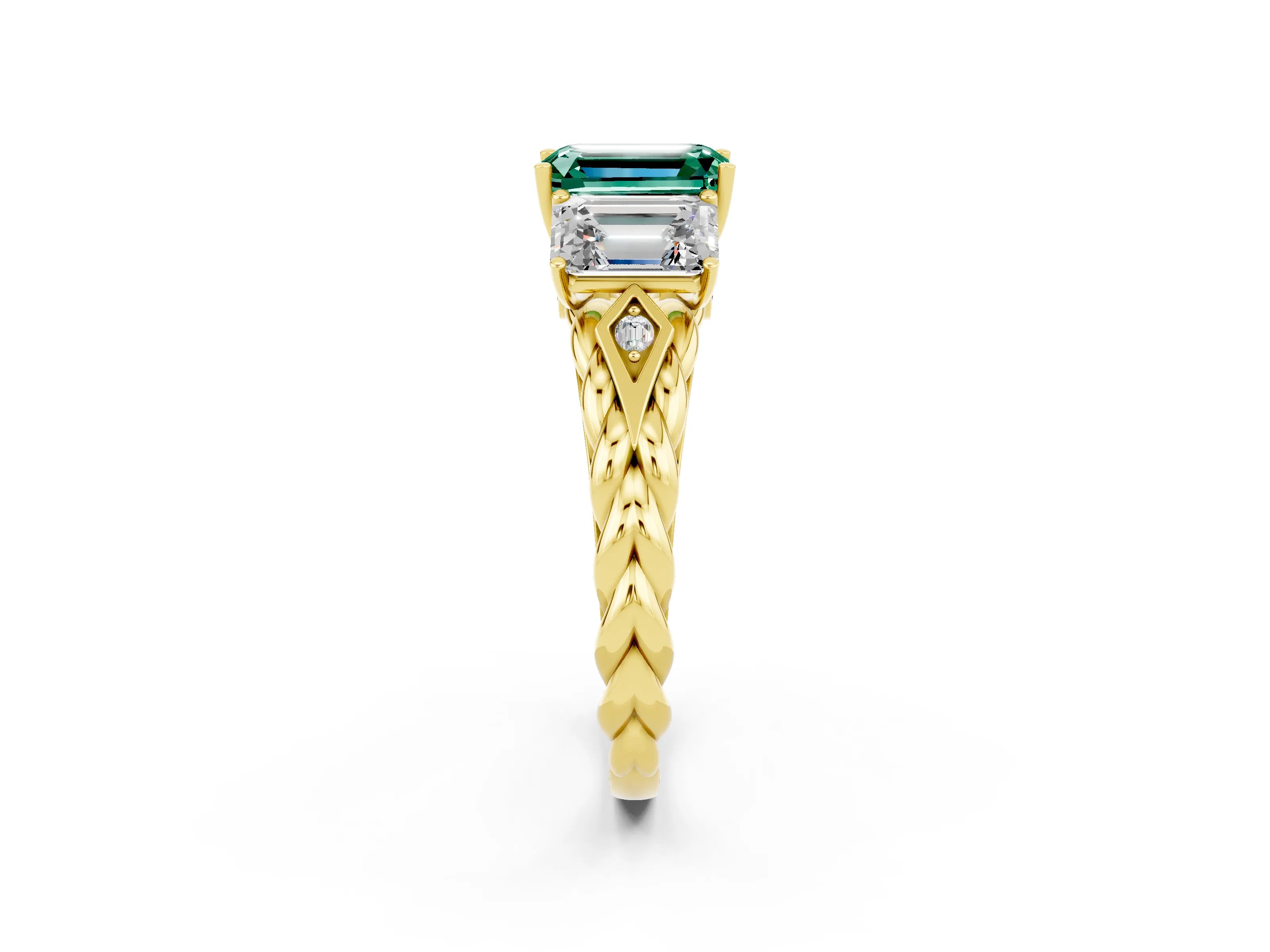 Yellow gold Three-Stone Emerald Cut Green Sapphire Braided Band Ring with Four-Prong Setting_26
