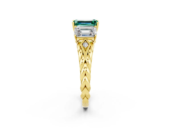 Yellow gold Three-Stone Emerald Cut Green Sapphire Braided Band Ring with Four-Prong Setting