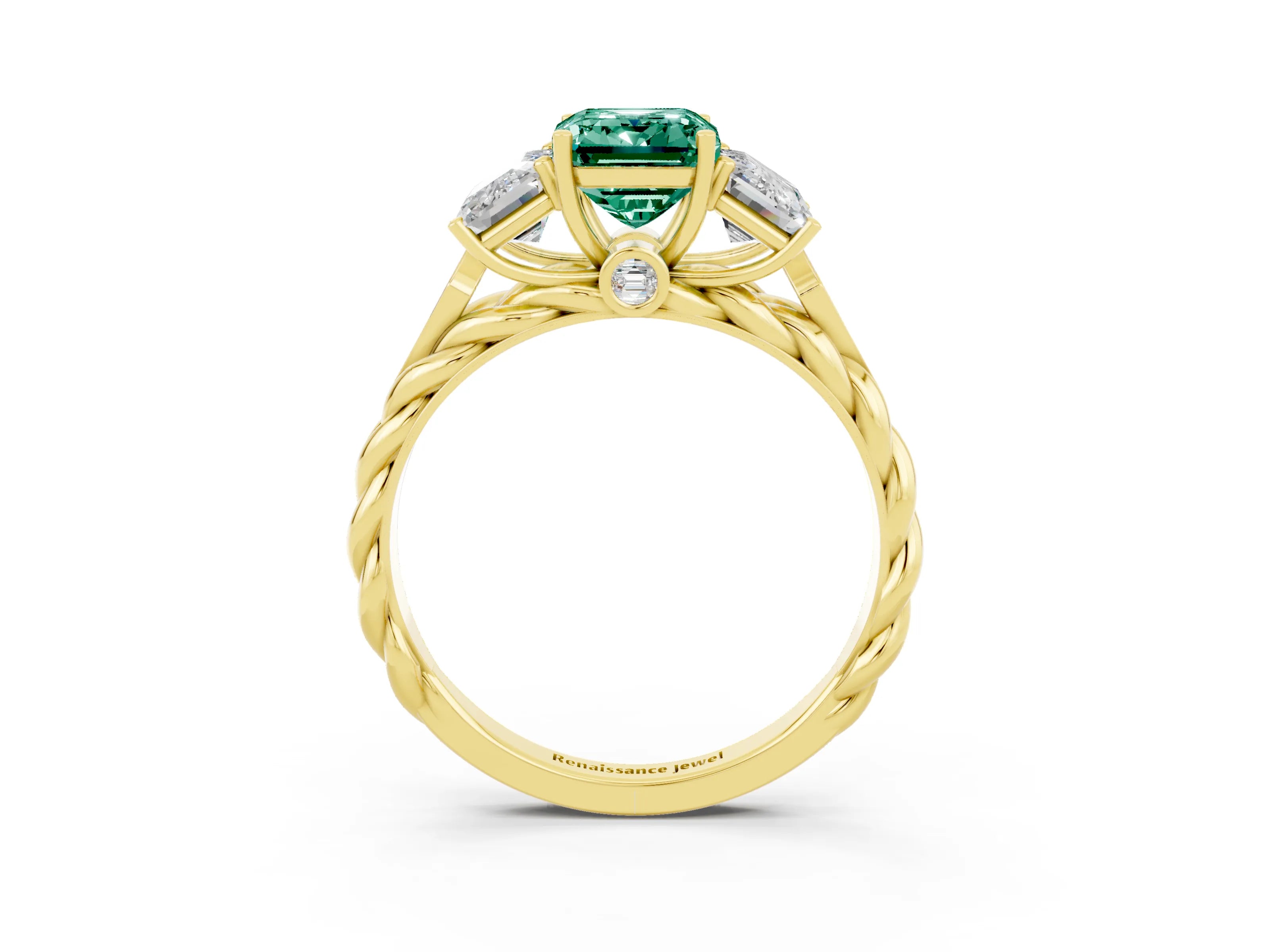 Yellow gold Three-Stone Emerald Cut Green Sapphire Braided Band Ring with Four-Prong Setting_27
