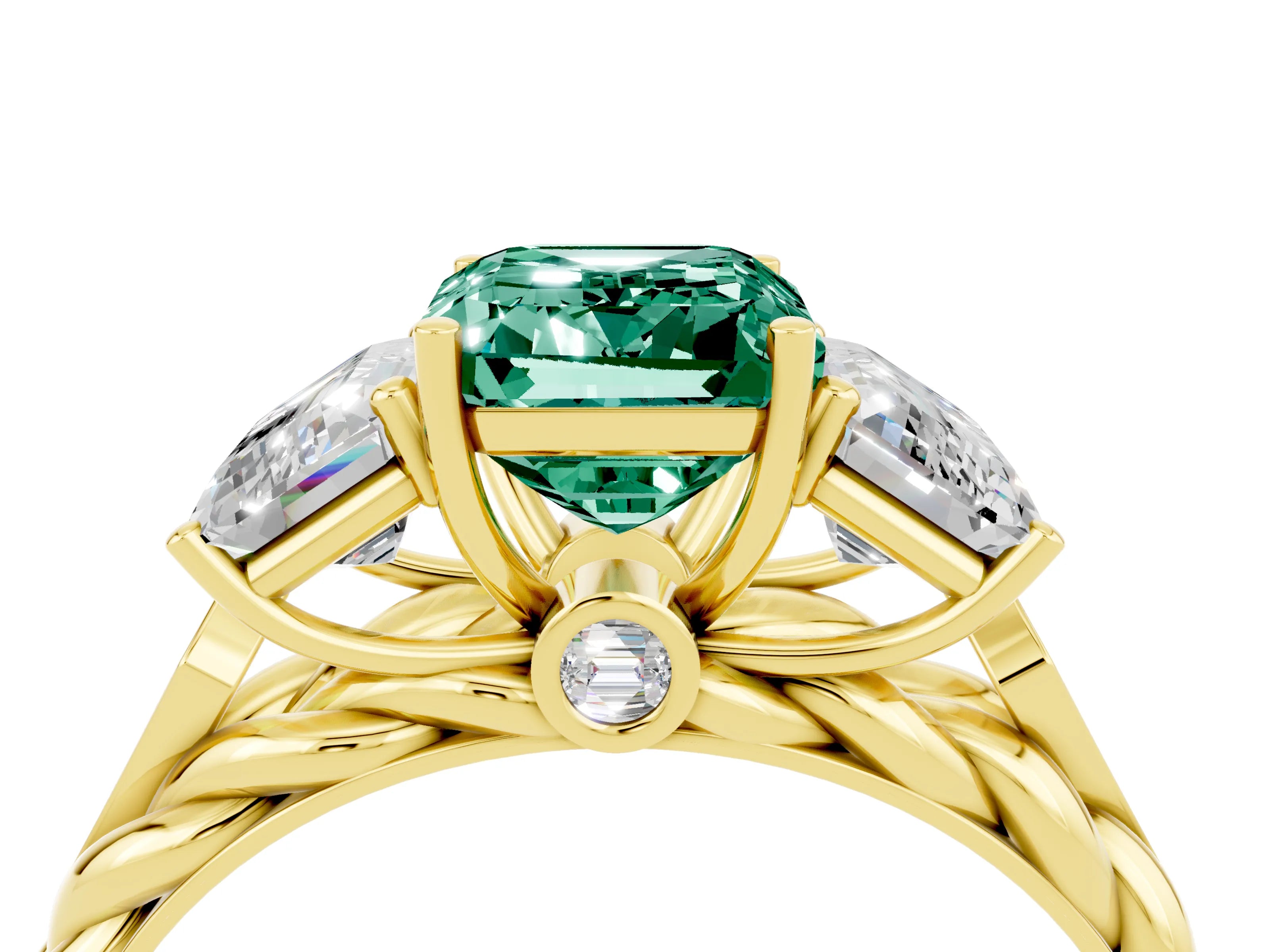 Yellow gold Three-Stone Emerald Cut Green Sapphire Braided Band Ring with Four-Prong Setting_28