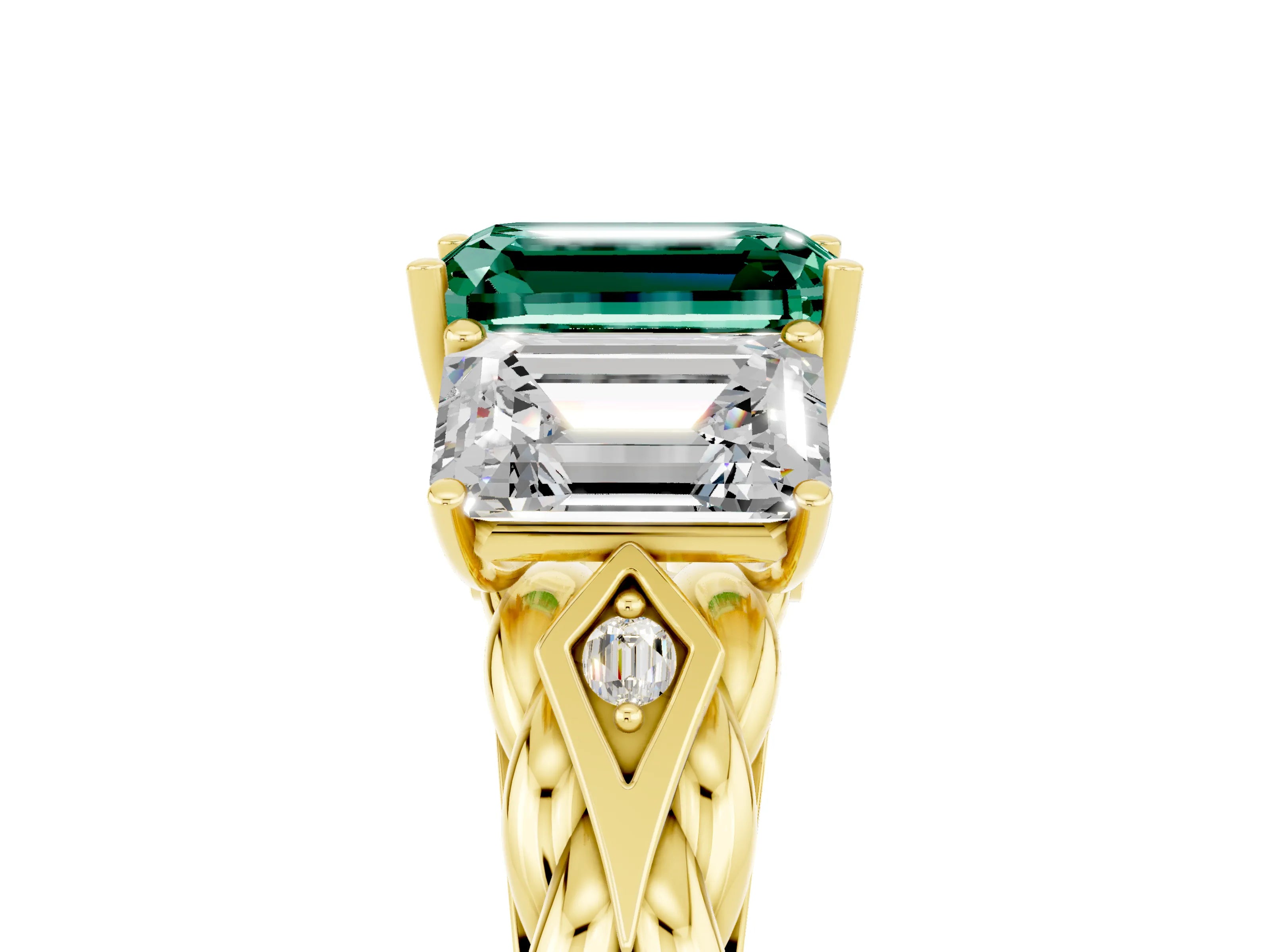 Yellow gold Three-Stone Emerald Cut Green Sapphire Braided Band Ring with Four-Prong Setting_29