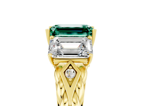 Yellow gold Three-Stone Emerald Cut Green Sapphire Braided Band Ring with Four-Prong Setting_29