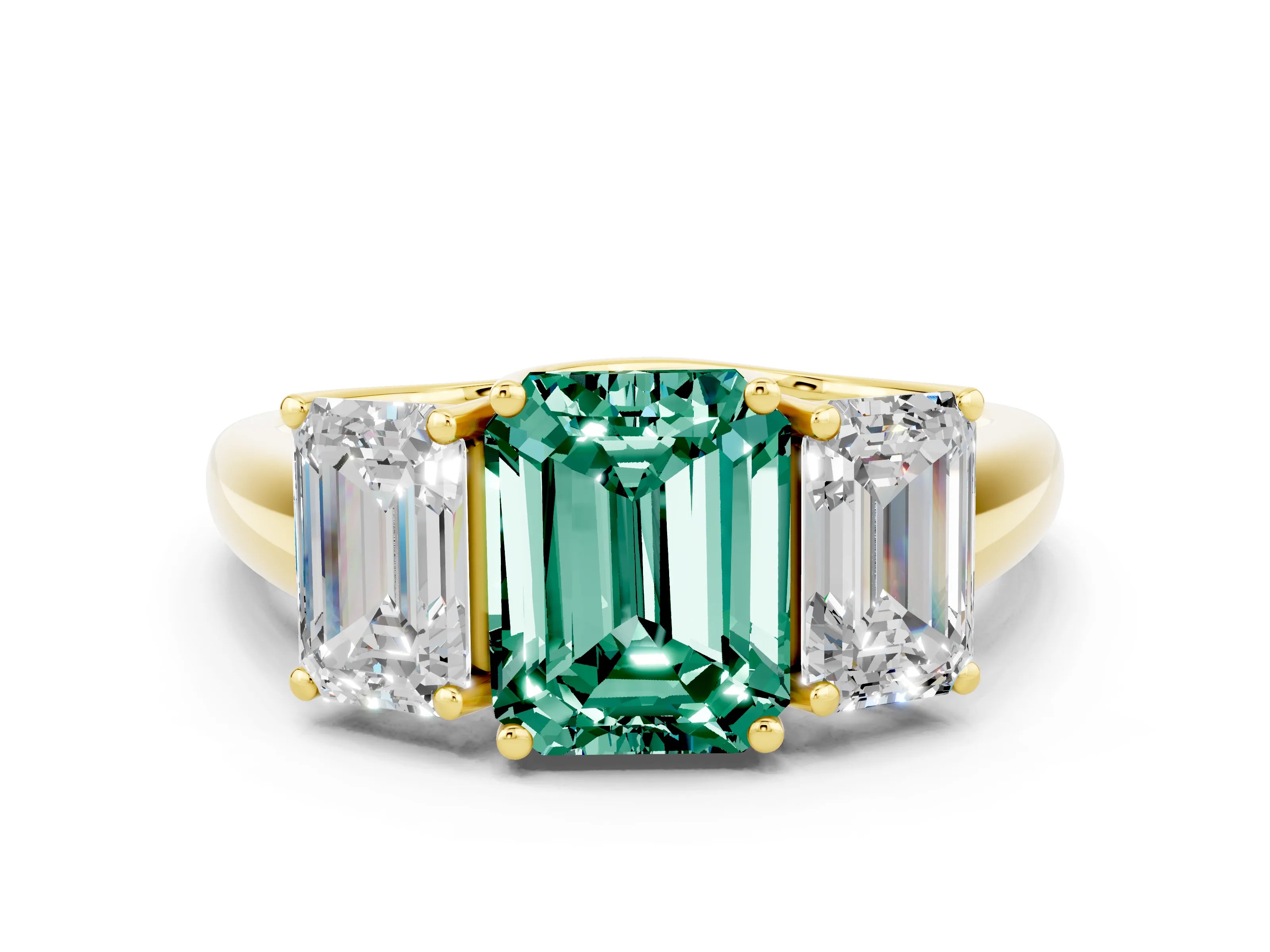 Yellow gold Three-Stone Emerald Cut Green Sapphire Engagement Ring with Prong Setting