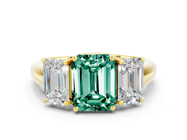 Yellow gold Three-Stone Emerald Cut Green Sapphire Engagement Ring with Prong Setting