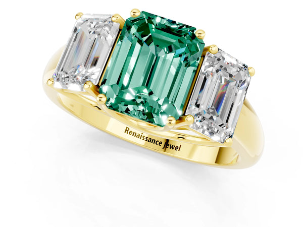 Yellow gold Three-Stone Emerald Cut Green Sapphire Engagement Ring with Prong Setting