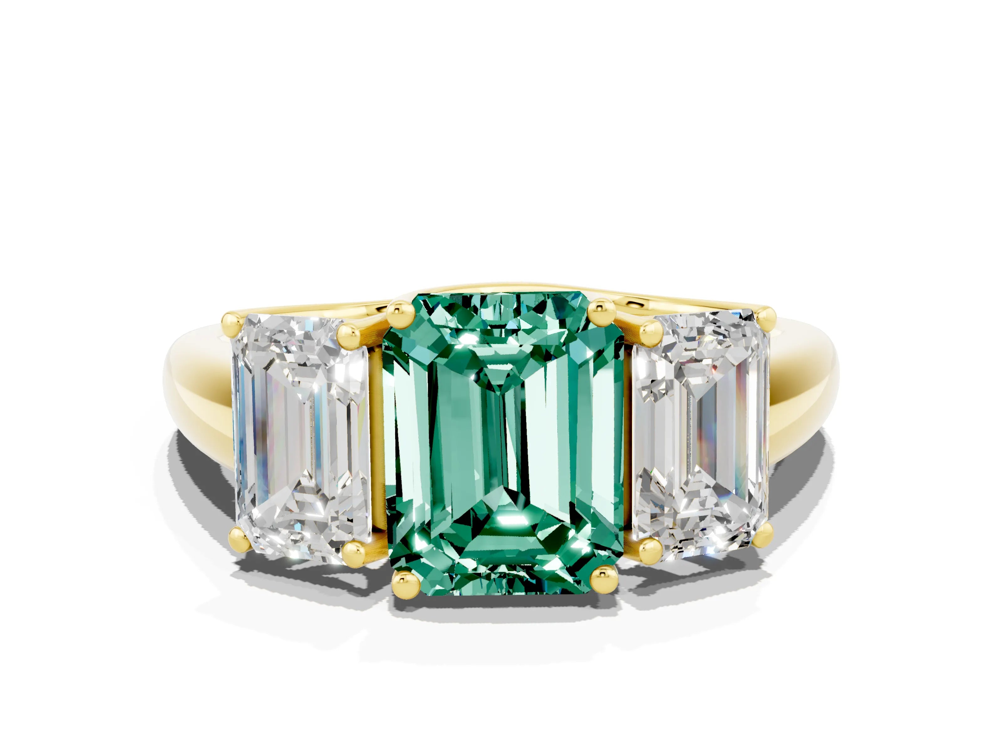 Yellow gold Three-Stone Emerald Cut Green Sapphire Engagement Ring with Prong Setting_12