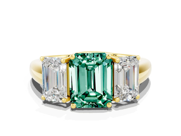Yellow gold Three-Stone Emerald Cut Green Sapphire Engagement Ring with Prong Setting