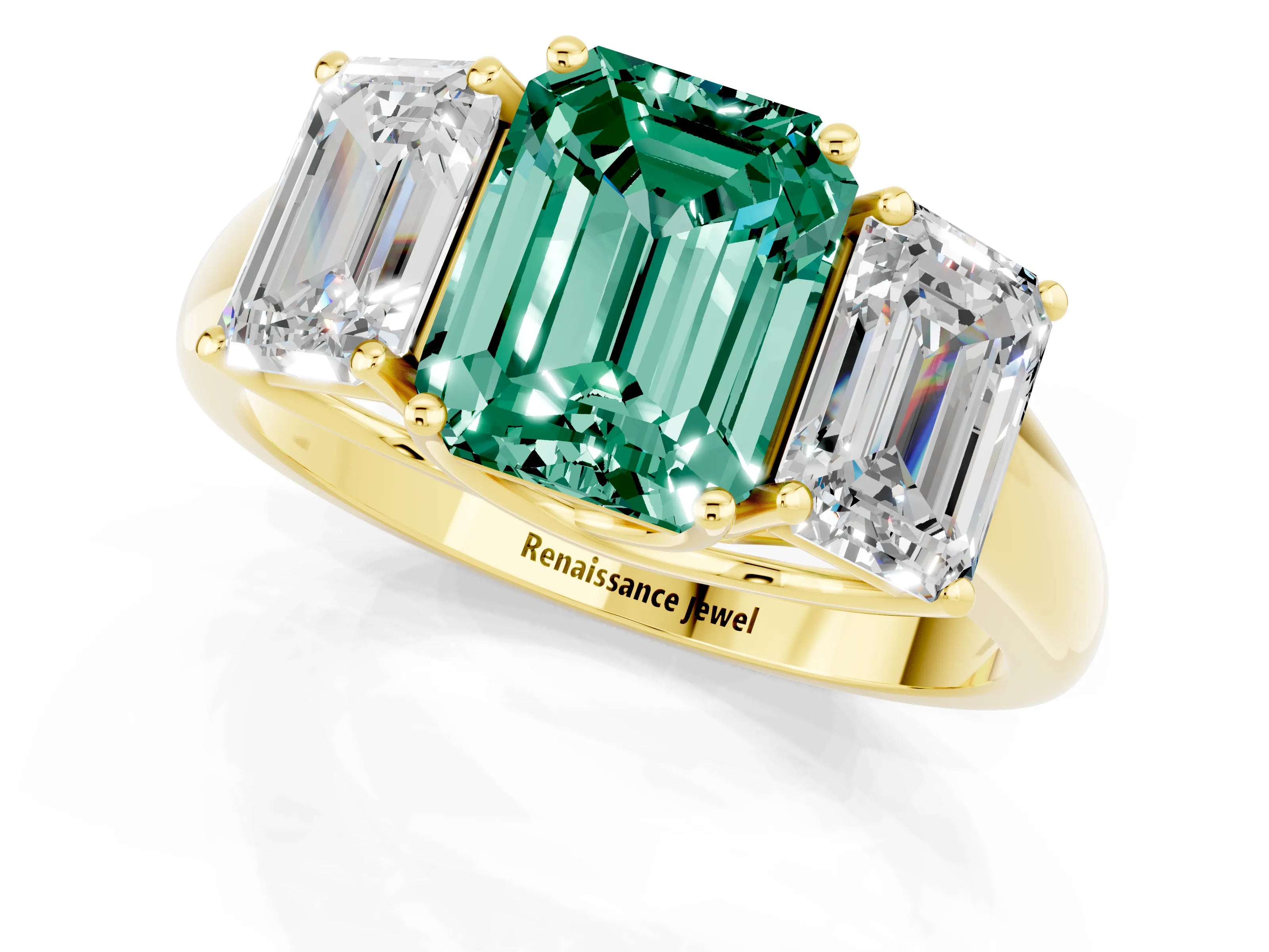 Yellow gold Three-Stone Emerald Cut Green Sapphire Engagement Ring with Prong Setting_13
