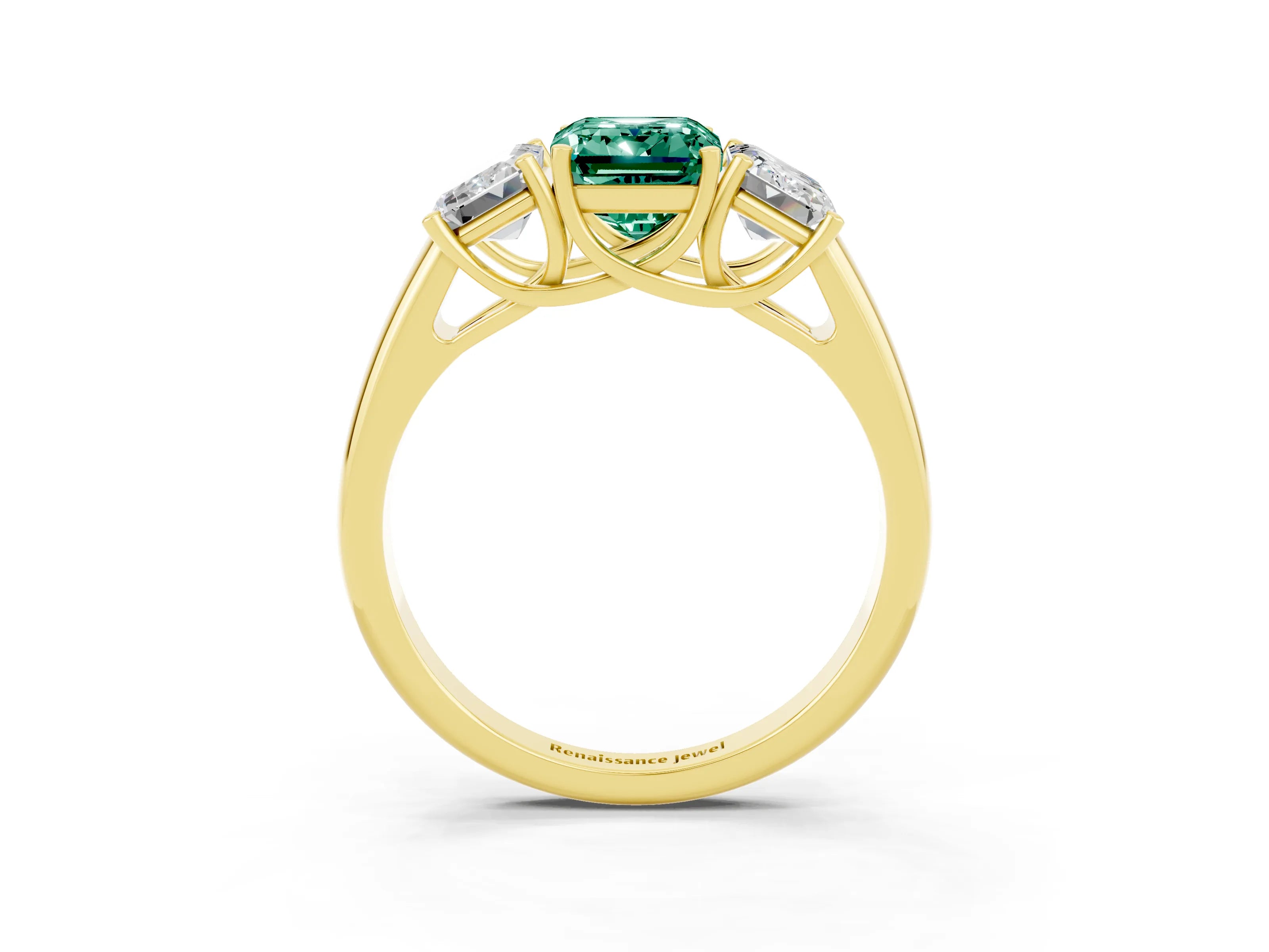 Yellow gold Three-Stone Emerald Cut Green Sapphire Engagement Ring with Prong Setting_15
