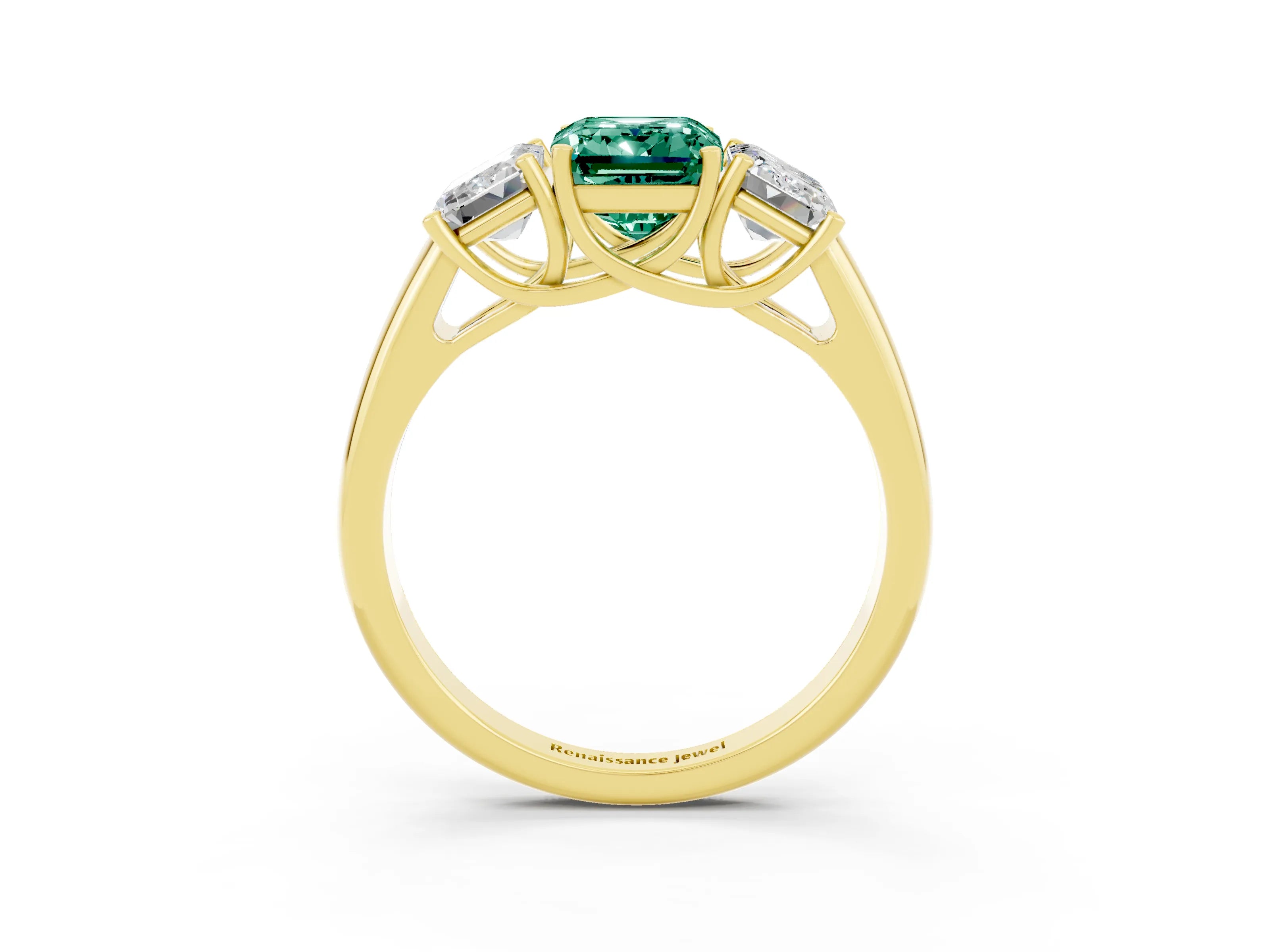 Yellow gold Three-Stone Emerald Cut Green Sapphire Engagement Ring with Prong Setting_3