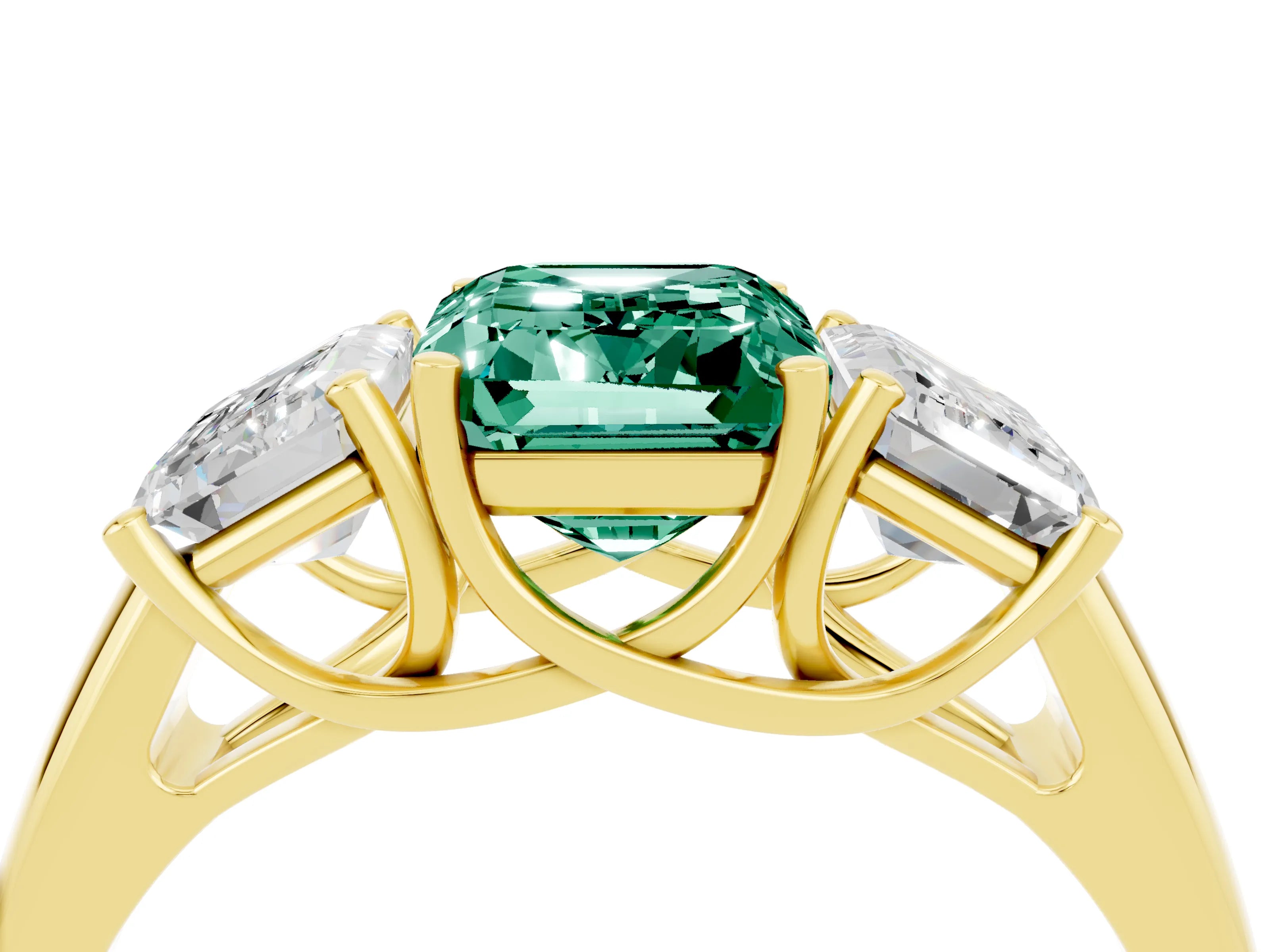 Yellow gold Three-Stone Emerald Cut Green Sapphire Engagement Ring with Prong Setting_4