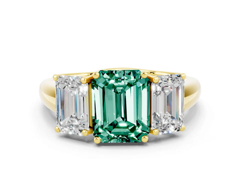 Yellow gold Three-Stone Emerald Cut Green Sapphire Engagement Ring with Prong Setting