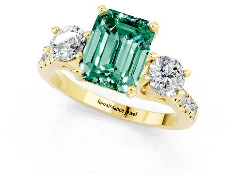 Yellow gold Three-Stone Emerald Cut Green Sapphire Pavé Band with Four-Prong Setting_1