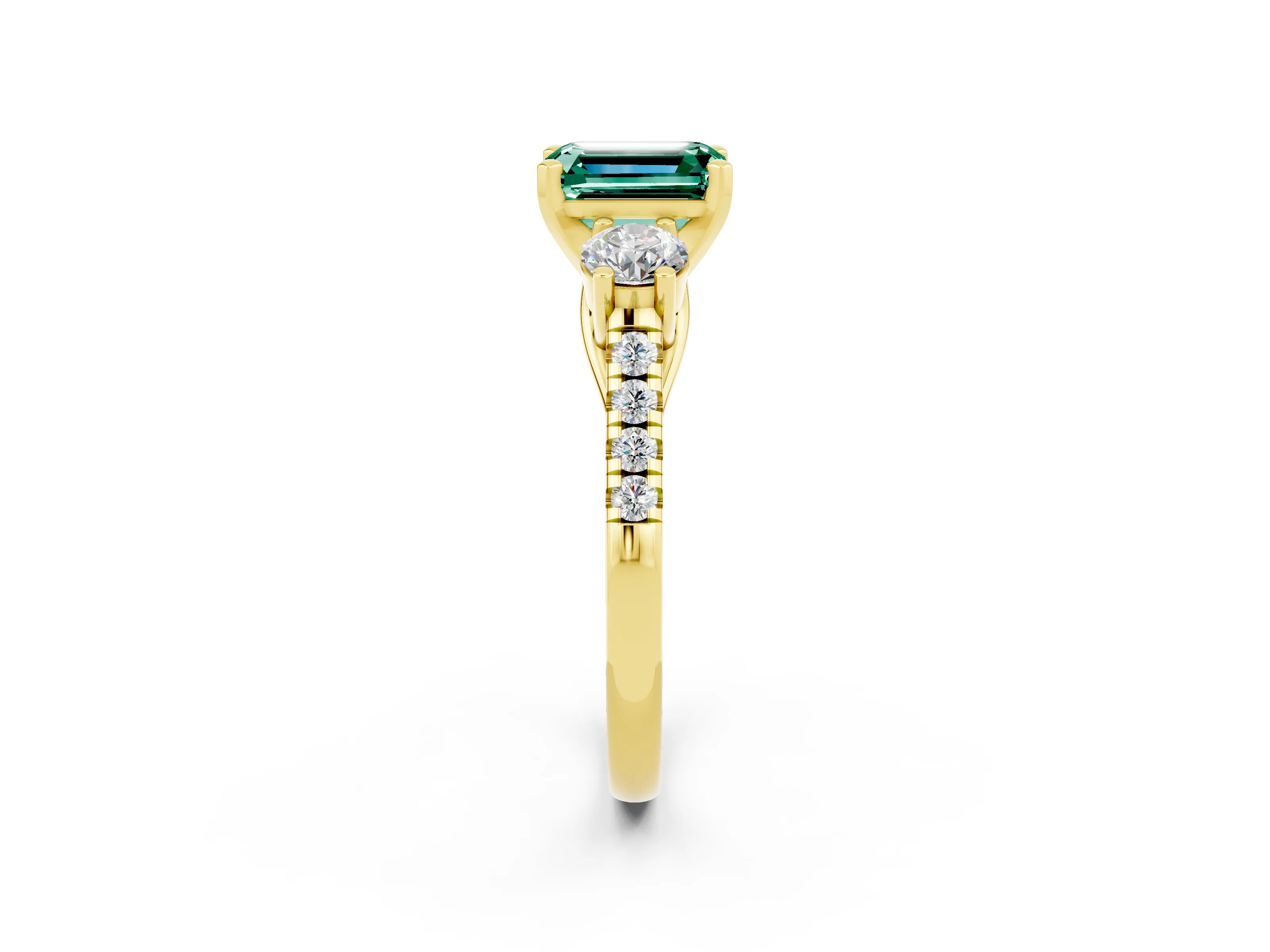Yellow gold Three-Stone Emerald Cut Green Sapphire Pavé Band with Four-Prong Setting_2