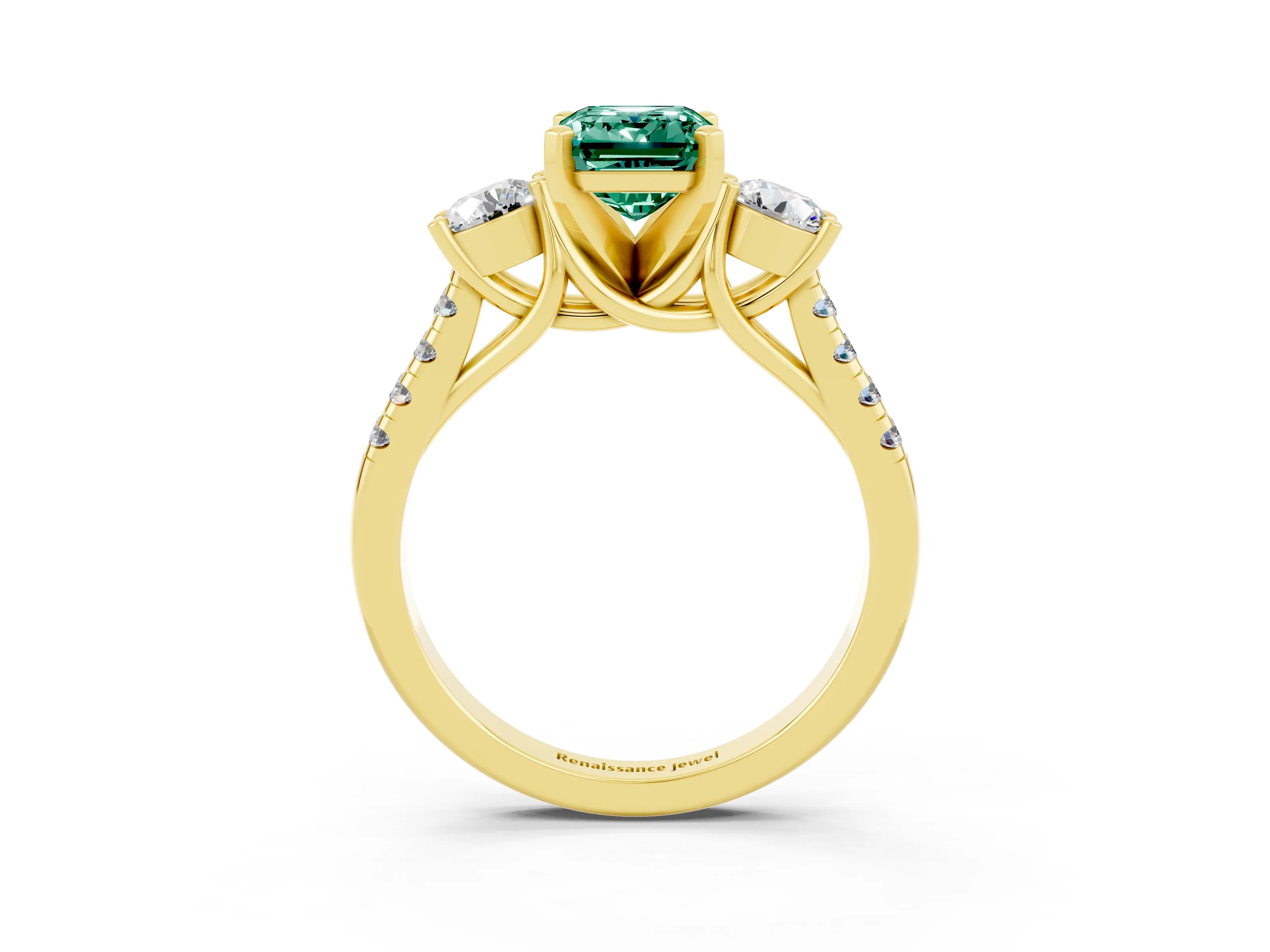 Yellow gold Three-Stone Emerald Cut Green Sapphire Pavé Band with Four-Prong Setting_3