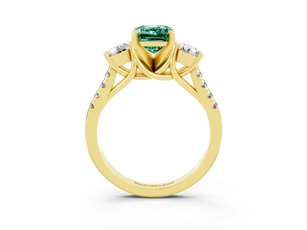 Yellow gold Three-Stone Emerald Cut Green Sapphire Pavé Band with Four-Prong Setting