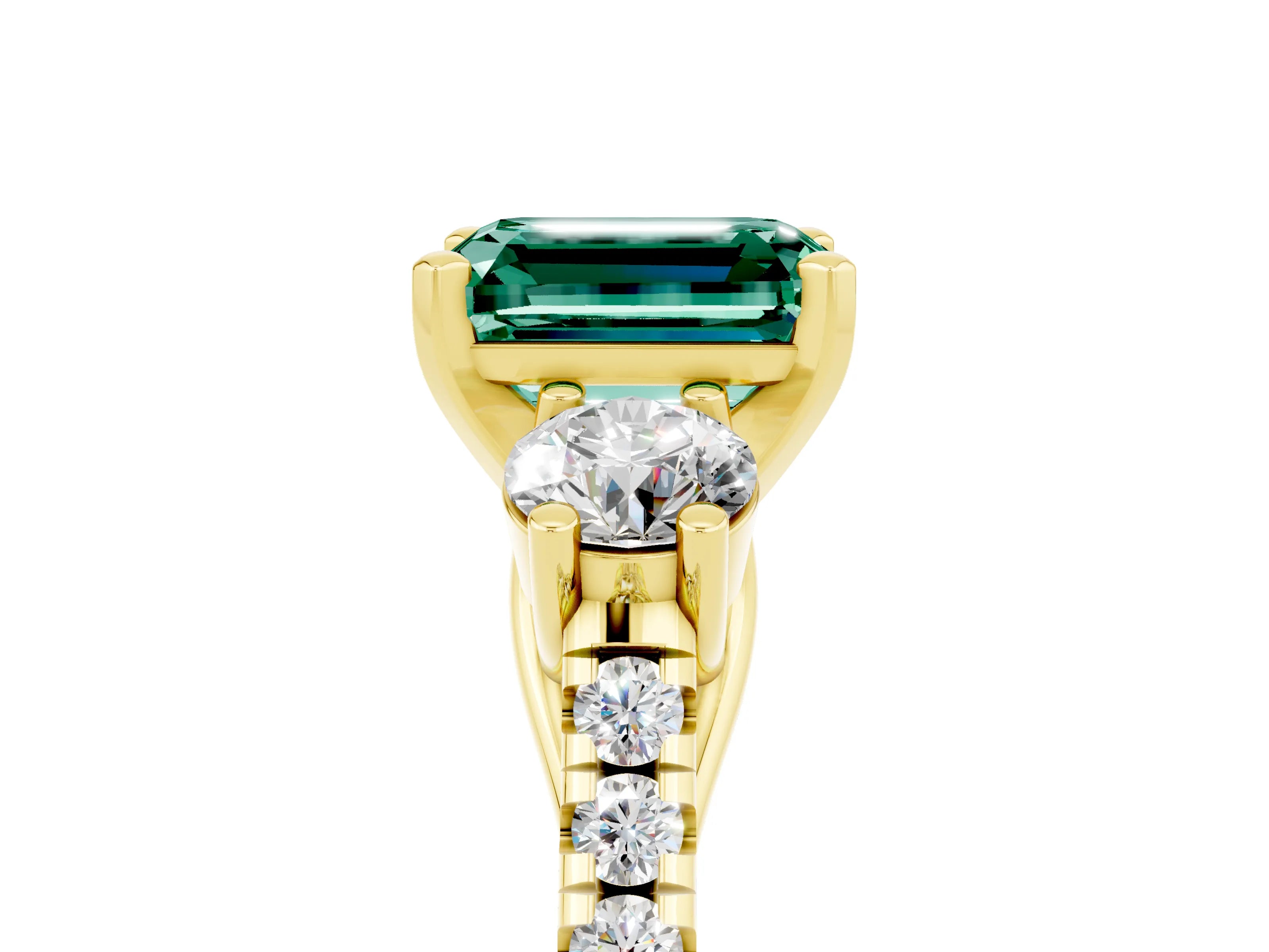 Yellow gold Three-Stone Emerald Cut Green Sapphire Pavé Band with Four-Prong Setting_5
