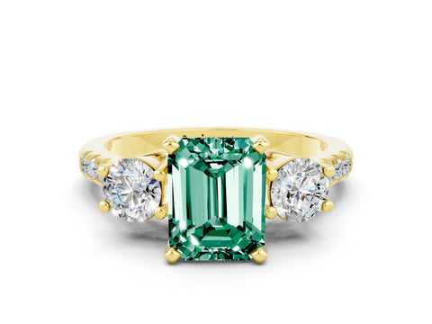 Yellow gold Three-Stone Emerald Cut Green Sapphire Pavé Band with Four-Prong Setting