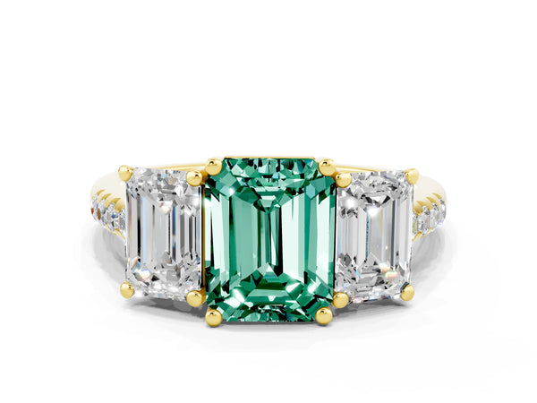 Yellow gold Three-Stone Emerald Cut Green Sapphire Ring with Round  Pavé Band and Prong Setting