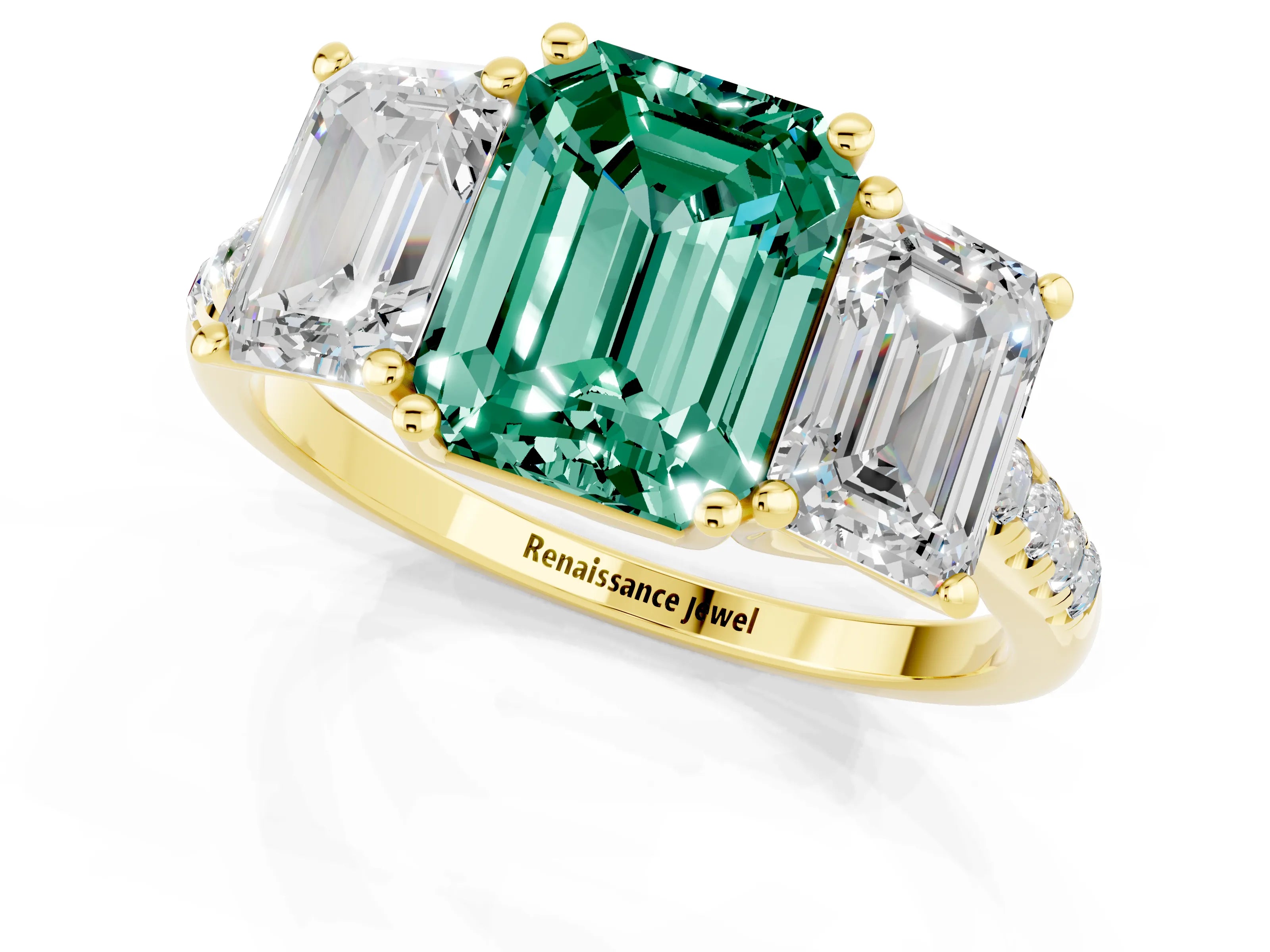 Yellow gold Three-Stone Emerald Cut Green Sapphire Ring with Pavé Band and Prong Setting_13