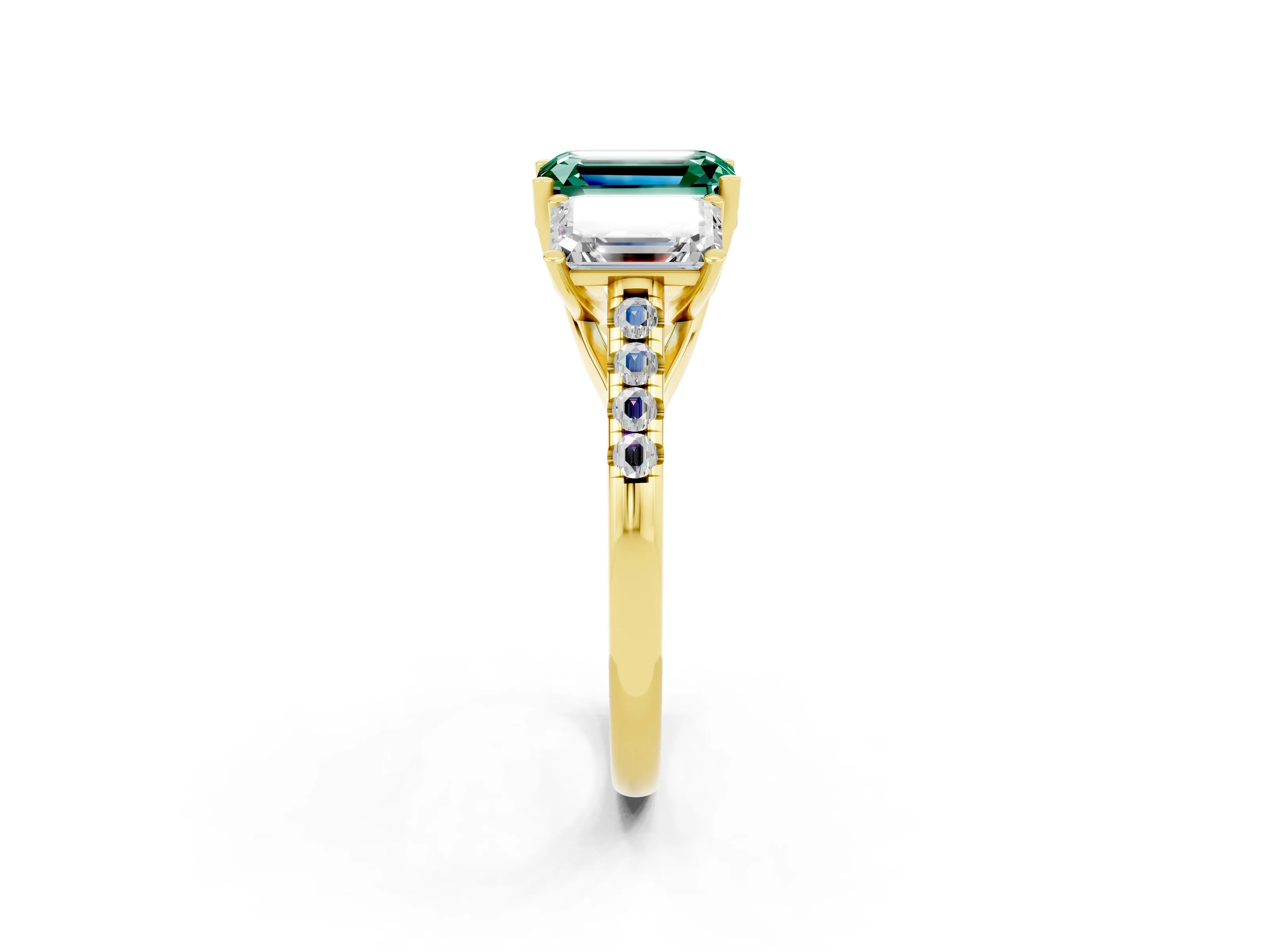Yellow gold Three-Stone Emerald Cut Green Sapphire Ring with Pavé Band and Prong Setting_14
