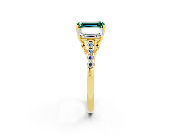 Yellow gold Three-Stone Emerald Cut Green Sapphire Ring with Round  Pavé Band and Prong Setting