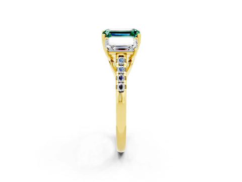 Yellow gold Three-Stone Emerald Cut Green Sapphire Ring with Pavé Band and Prong Setting_14