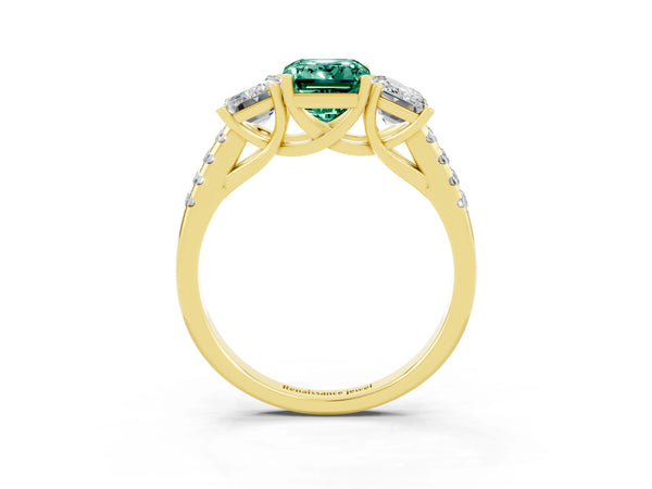 Yellow gold Three-Stone Emerald Cut Green Sapphire Ring with Round  Pavé Band and Prong Setting